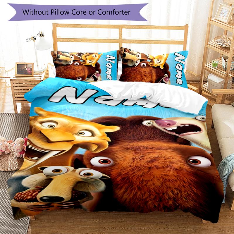 Juego de Ropa de Cama con Nombre Personalizado de Dibujos Animados Ice Age: El Origen de los Dinosaurios, Cierre de Funda Nórdica, Incluye 1 Funda Nórdica y 2 Fundas de Almohada para Todas las Estaciones, Dormitorio