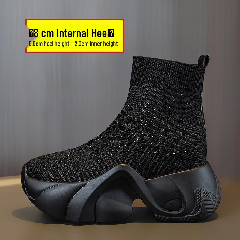 Женские 2025 Платформа Слипоны Вязаные Ботильоны - Толстая Подошва Высокий Каблук Эластичные Носки-Ботинки 39 чёрный 3669₽
