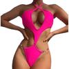 Women Solid Chain Halter Cutout Sexy One Piece Swimsuit