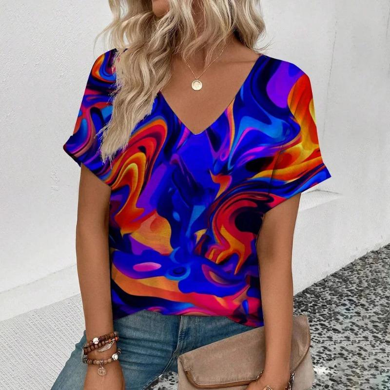 

Цветная масляная живопись Tie Dye 3D принт футболки женские футболки с V-образным вырезом и коротким рукавом Y2k Harajuku уличная одежда футболки топы женская одежда S