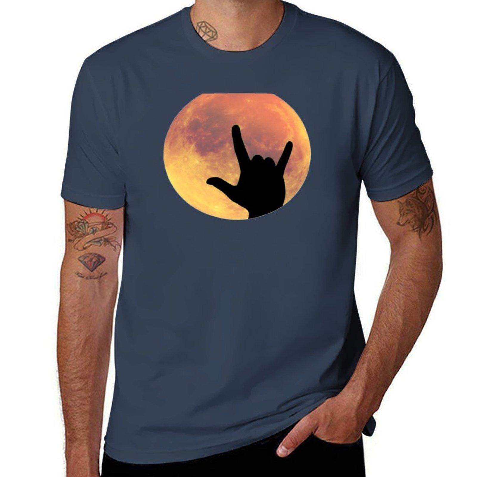 Full Moon with I Love You ASL Sign Language Hands Silhouette TShirt Outdoor Work Short Sleeve Top S