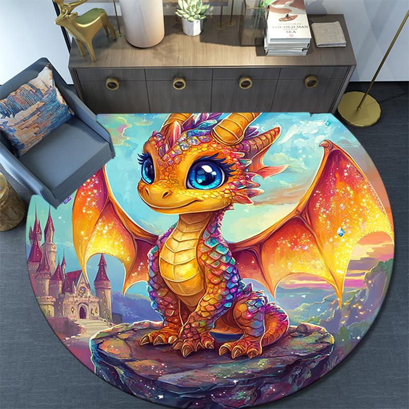 Fantasy Dragon Castle Round Area Rug,Carpet Rug for Living Room Bedroom Sofa Playroom Decor,Non-slip Floor Mat