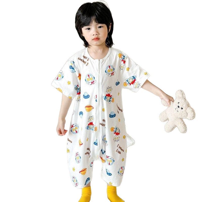Lightweight Pure Cotton Short Sleeve Baby Sleeping Bag - Anti-kick, Breathable One-piece Pajamas & Crawling Romper for Home Wear