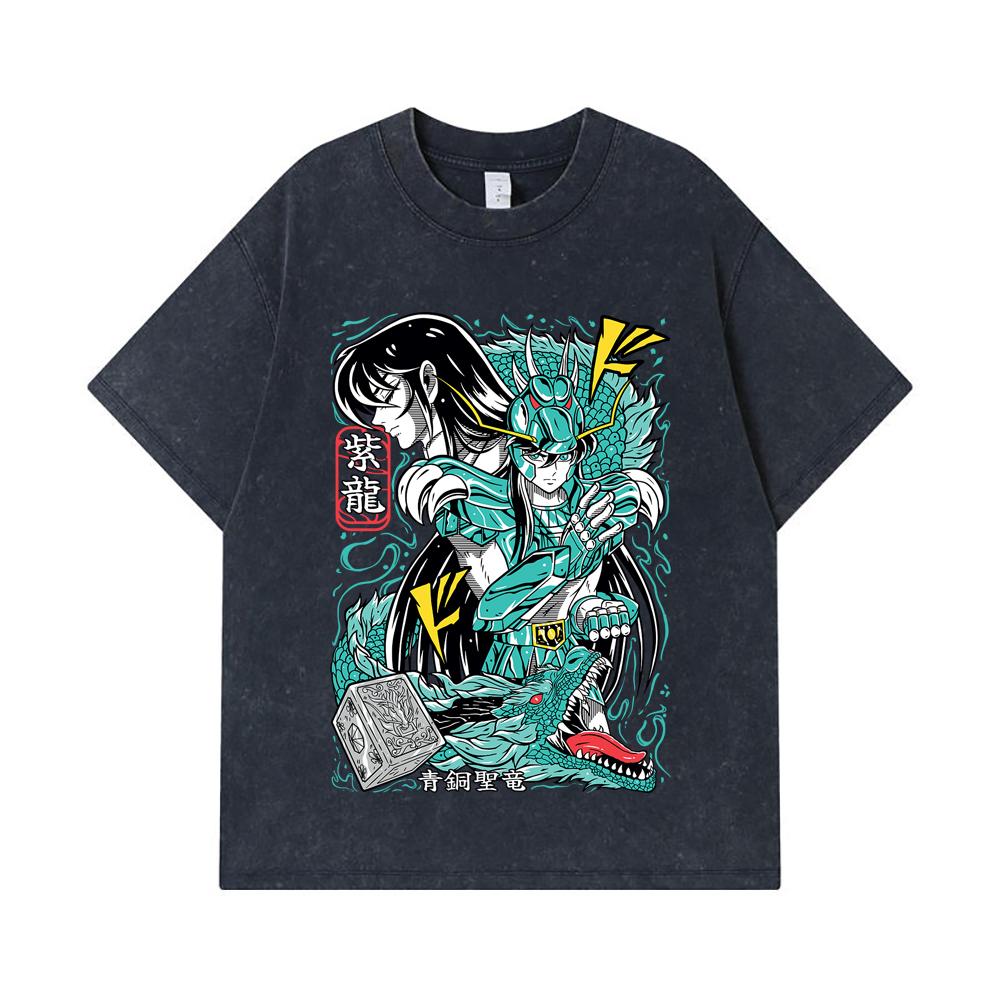 275 GSM Washed T-shirts 100% Cotton Saint Seiya V8 Shiryu Print Unisex Heavy Cotton T Shirt
