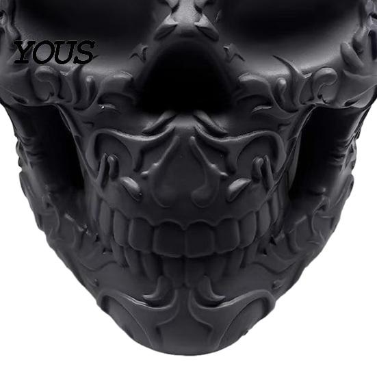 Vintage Vine Embossed Crafts Halloween Skull Makeup Brush Holder, Matte Black Gothic Skeleton Pen Organizer Resin Cup for Desk, Storage Figurine