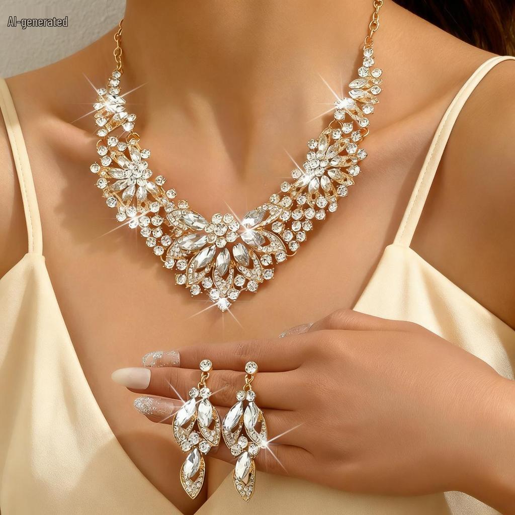 Elegant Rhinestone Water Drop Necklace Set - High-End European & American Court Style Jewelry for Women