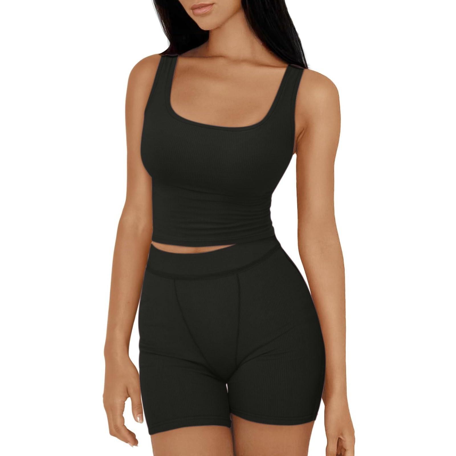 

Женские комплекты из 2 предметов, летние шорты для тренировок, одинаковые комплекты, облегающие укороченные топы на бретелях, одежда для спортзала на выход L чёрный