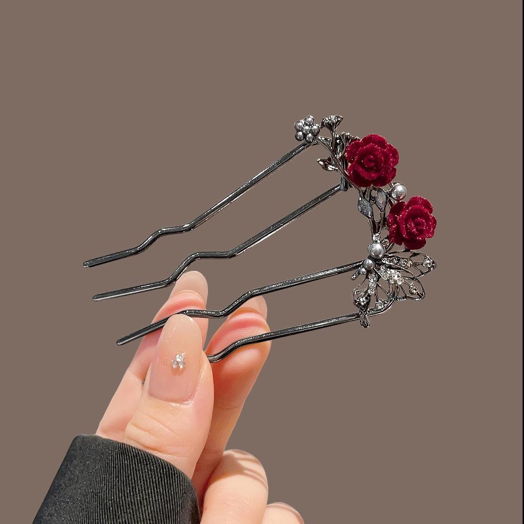 Elegant Red Rose Tassel Hairpin - U-shaped Hair Accessory for Women, Perfect for Updos and Traditional Attire.