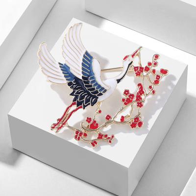 Broche de solapa estilo chino tradicional retro con forma de ciruelo y grulla, broche de animal de moda para mujer