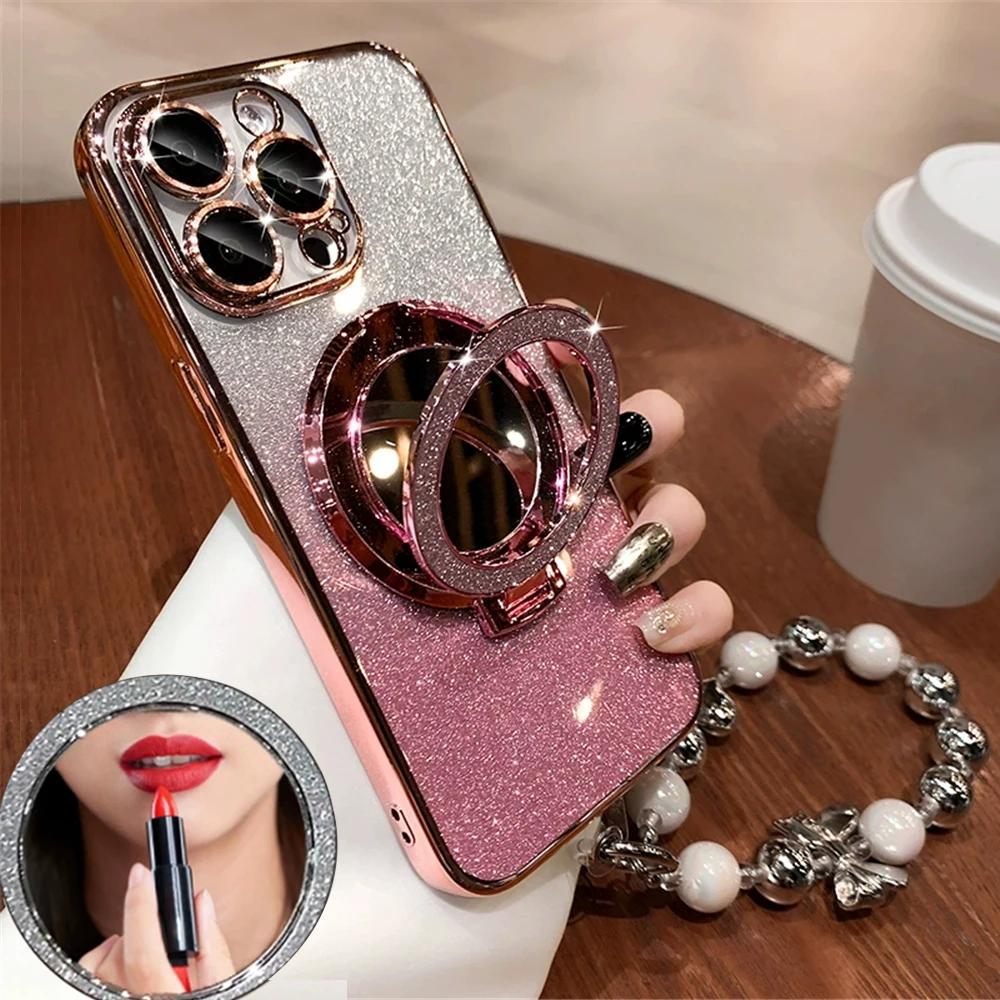 Glitter Mirror Bracket Gradient Case  For Huawei P30 Lite P40 P50 P60 Pro Pura 70 P Smart 2021 Soft Silicone Cover With Bracelet