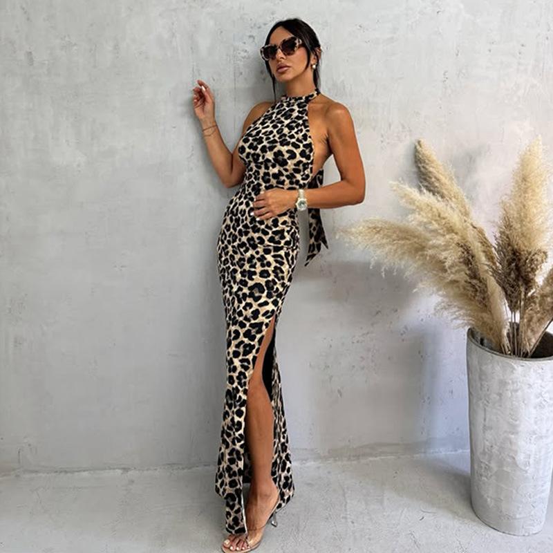 Temperament European and American style leopard print print neck halter split dress hip long dress dress