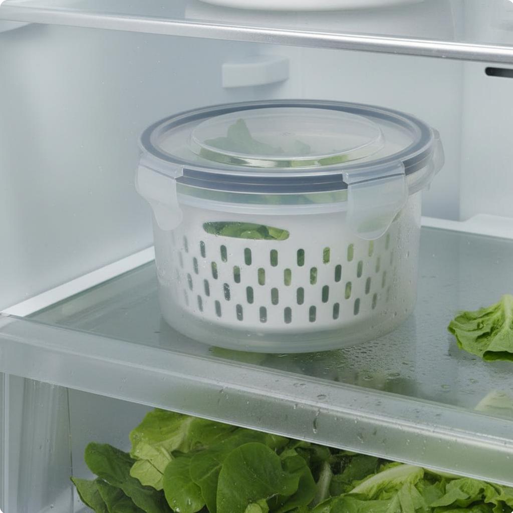 Round Food Container with Colander Microwave Safe Refrigerator Produce Storage with Lid Airtight Produce Crisper Box Leakproof