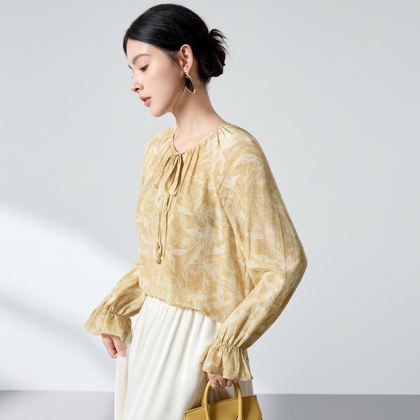 

100% Mulberry Silk High-End Shirt, Spring Lantern Sleeves, Double Georgette Tie-Up Print, Women s Top Medium жёлтый