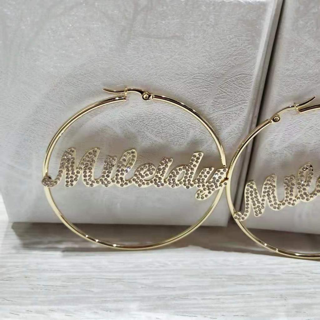 DOREMI Stainless  Name Hoops Earrings Custom Big Hoop Crystal Earrings Letter  Personalized  Earring Women Valentine's Day Gift