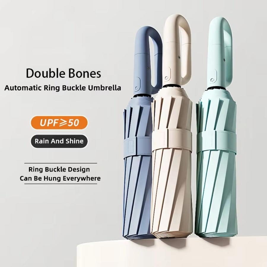 Ring Buckle Handle Windproof Strong Folding Automatic Umbrella Woman Man, 20 Ribs Anti UV Umbrella Water Resistant Parasol