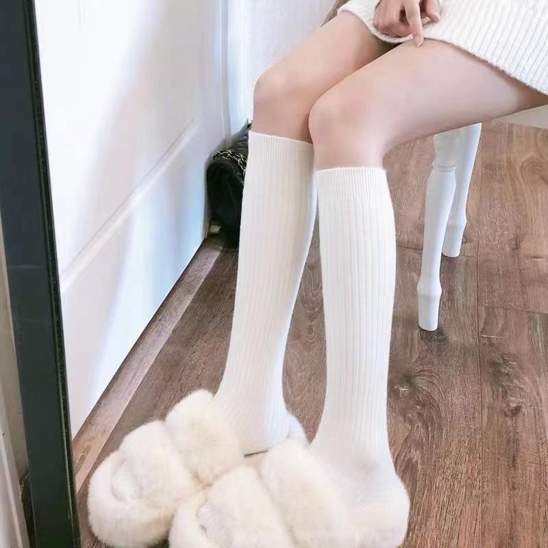 Calf Socks Autumn and Winter Warm Mid-leg Stockings, College Style, Thin Striped Stacked Socks, Solid Color Boot Socks