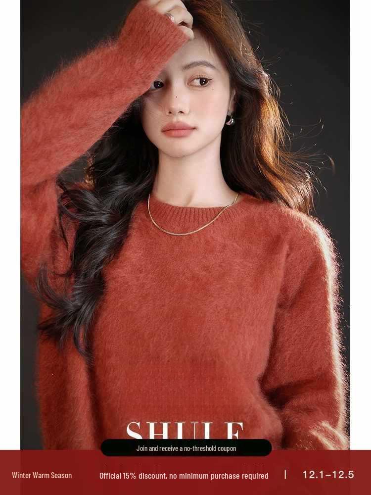 Winter 16-Color Brushed Cashmere Loose Sweater - Women's Round Neck, Outerwear & Layering Piece