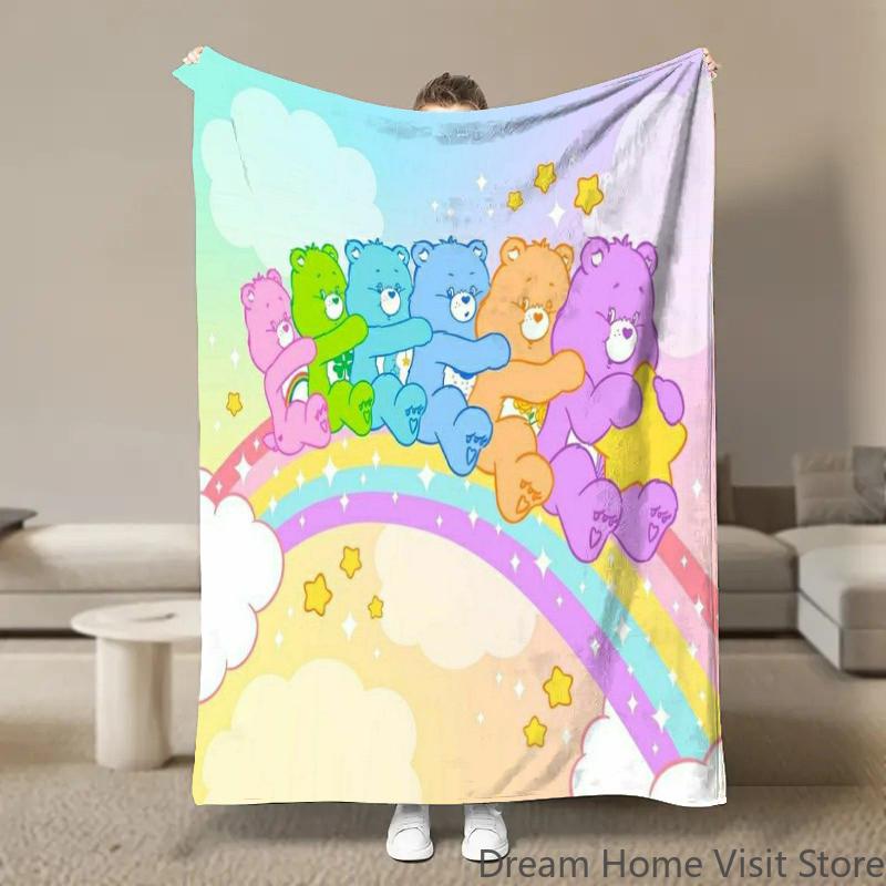 Cute Rainbow Bears Anime Flannel Blanket Pikachu Figures Home Sofa Lunch Break Blankets Children Student Blankets Nap Cover Kids