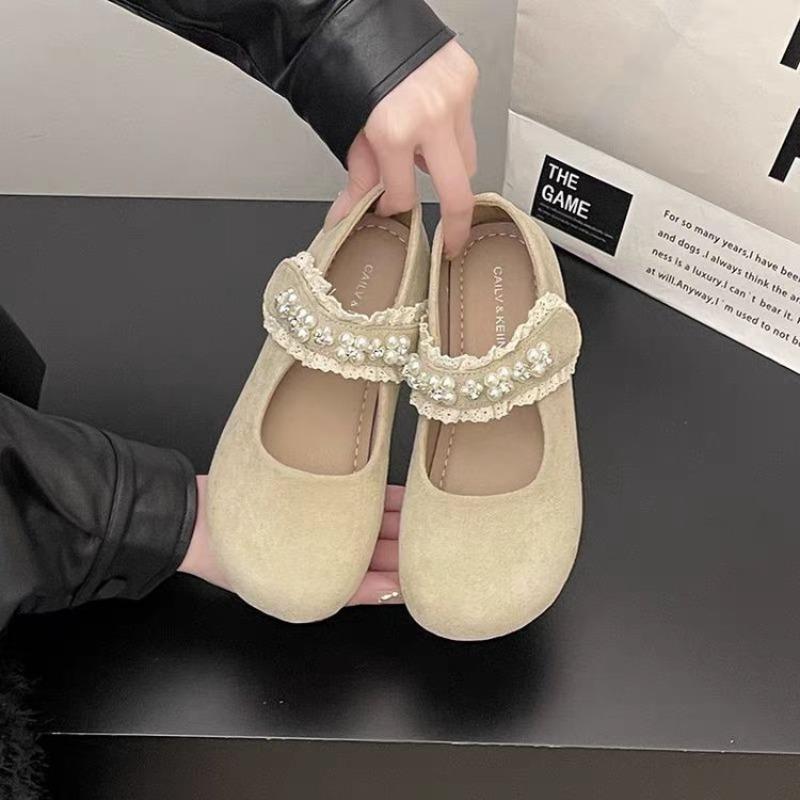 Velcro Flat Mary Jane Single Shoes Women's Autumn New Pearl Shallow Mouth with Skirt Versatile Beanie Shoes