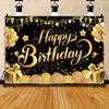 Of Elegant Happy Birthday Anniversary Banner, Hard-wearing Polyester, Gold & Black Theme with Balloons, Stars, Champagne Motif, Perfect for Party,