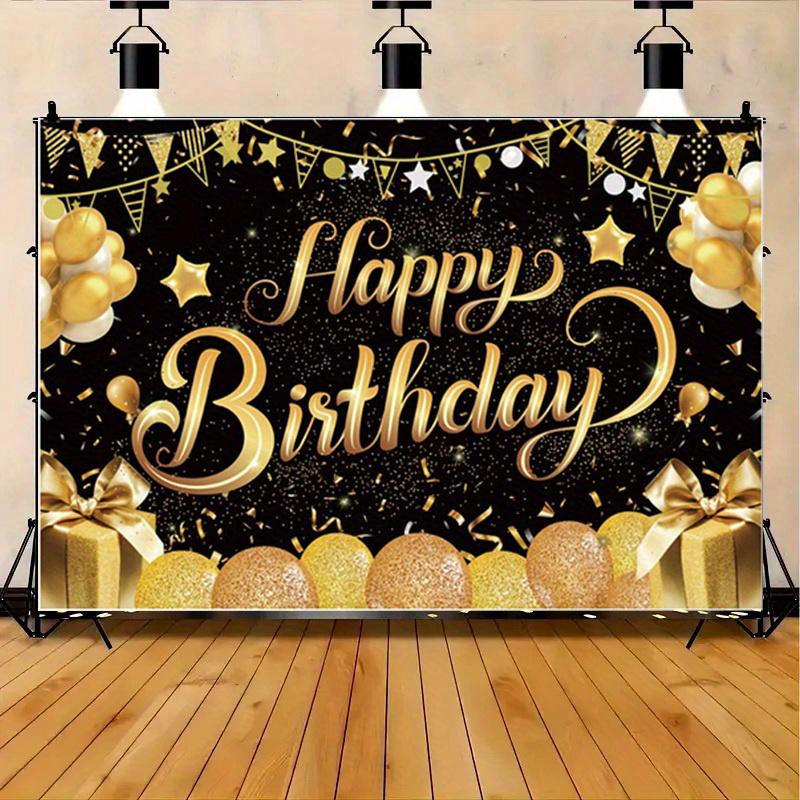 Of Elegant Happy Birthday Anniversary Banner, Hard-wearing Polyester, Gold & Black Theme with Balloons, Stars, Champagne Motif, Perfect for Party,