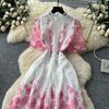 Summer Fashionable Short Sleeve Slimming Water Soluble Lace Dress Vintage Stand Collar Ruffles Splice Lace Mid-Length Dress