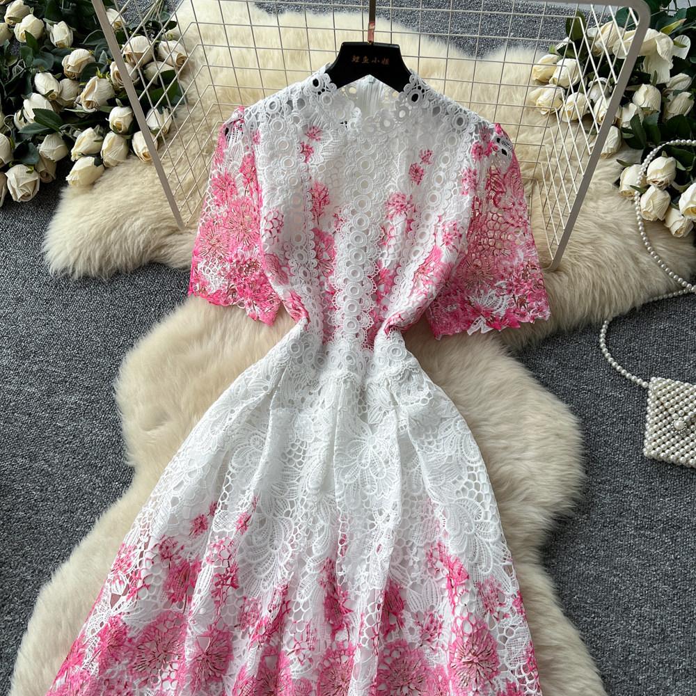 Summer Fashionable Short Sleeve Slimming Water Soluble Lace Dress Vintage Stand Collar Ruffles Splice Lace Mid-Length Dress