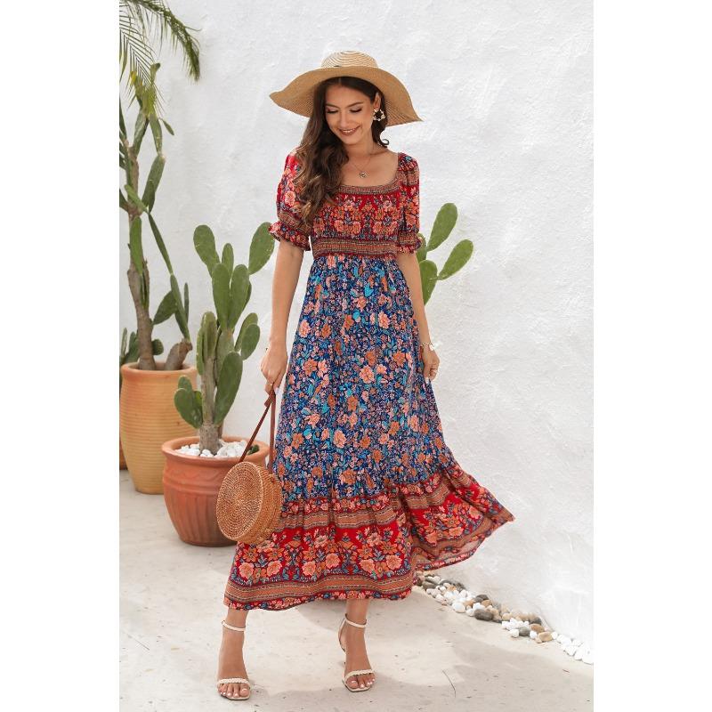 Boho Sukienki Plażowe na Wakacje Jednoramienne z Bufiastymi Rękawami Sukienki Midi