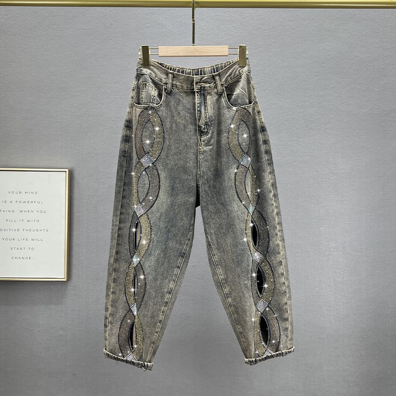 

Ультратонкий деним с высокой посадкой, укороченные брюки-гаремы с потертостями и стразами Retro Blue M