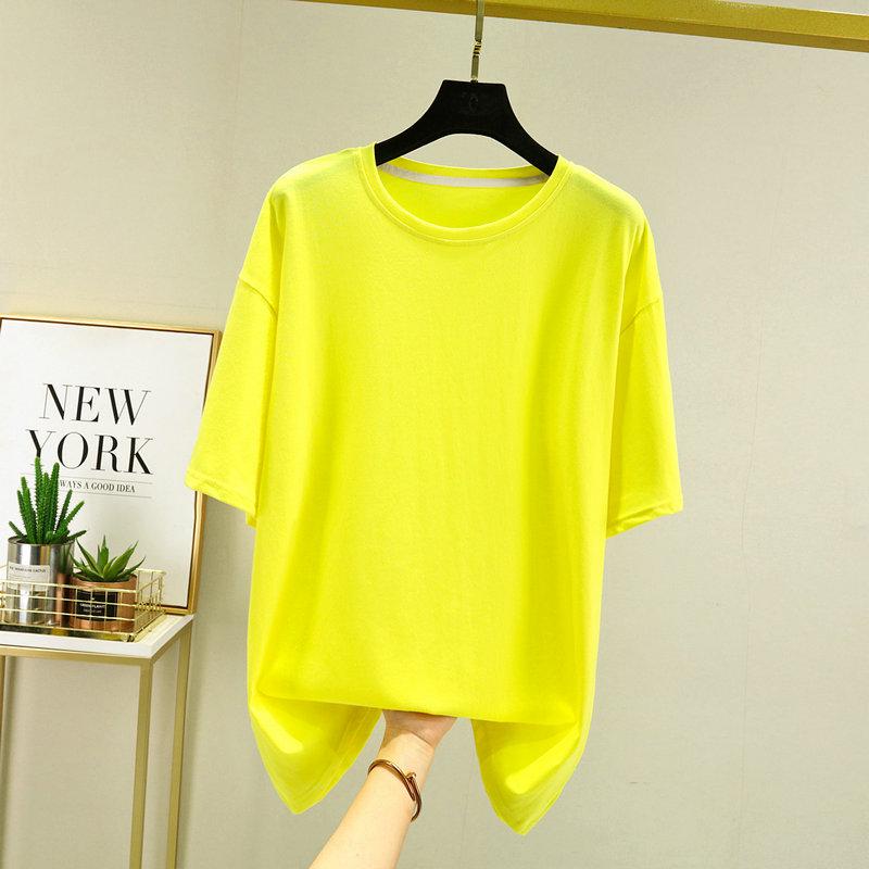 

2022 Европейский стиль женская футболка больших размеров повседневная однотонная с коротким рукавом летняя футболка Plus Size жёлтый