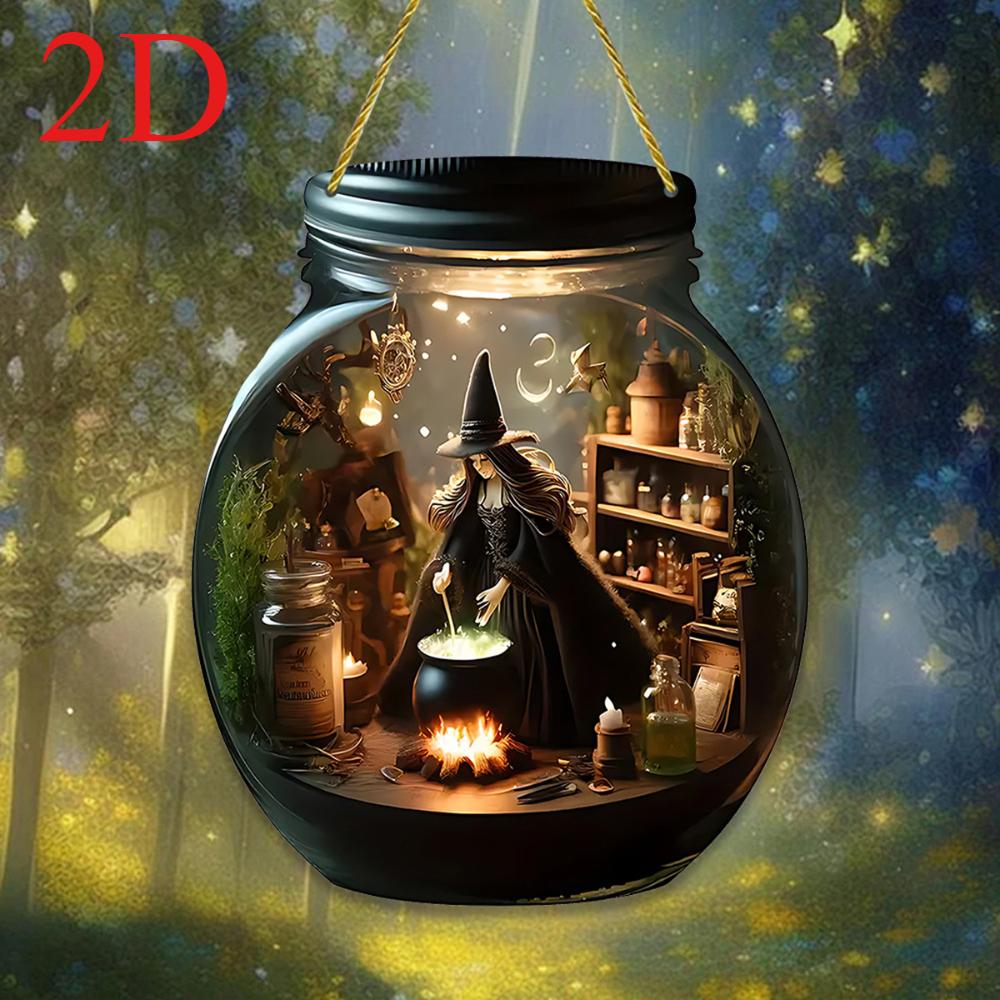 2D Flat Halloween Witch Hanging Ornaments with Rope - 2D Acrylic Sunshine Catch Ornaments,Witch Hats and Boilers Halloween Home and Garden Decorations