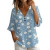 T-shirt da donna con scollo a V, stampa floreale vintage, vestibilità ampia, manica corta, misto lino, top casual con dettaglio a bottone