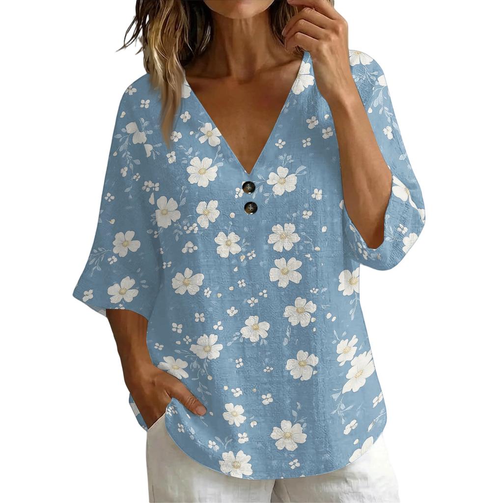 T-shirt da donna con scollo a V, stampa floreale vintage, vestibilità ampia, manica corta, misto lino, top casual con dettaglio a bottone
