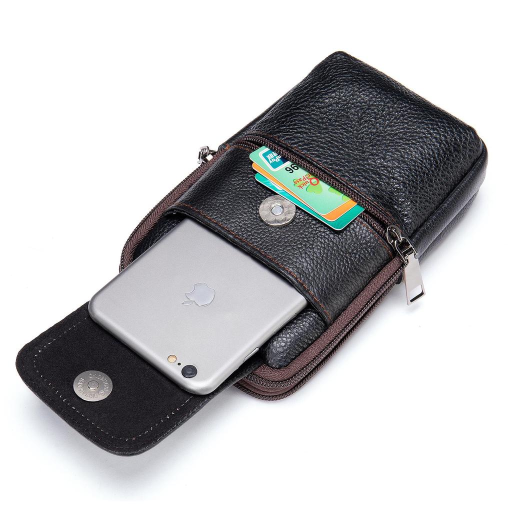"Men's Outdoor Genuine Leather Waist Bag and Shoulder Bag for Mobile Phones"