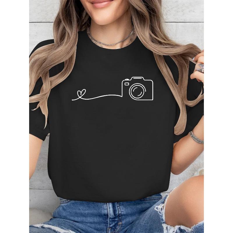 European Size Geometric Heartbeat Camera Pattern Printing, Short Sleeve Crew Neck Casual Top for Summer & Spring, Women's Clothing-pet Lover