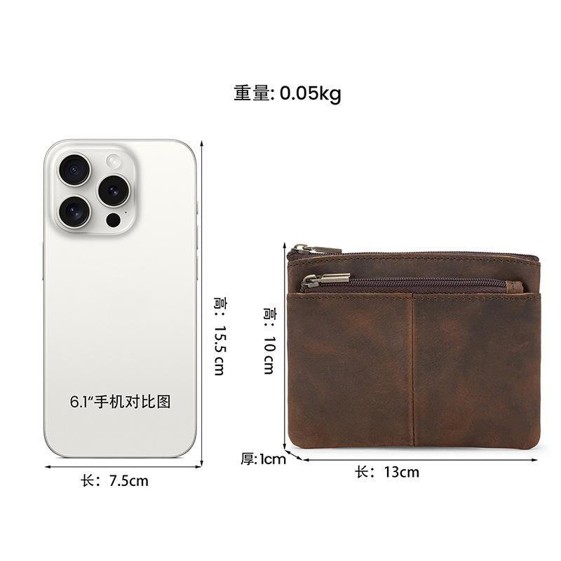 Crazy Horse Leather Change Bag Men'S And Women'S Small Zipper Storage Bag First Layer Cowhide Leather Retro Wallet