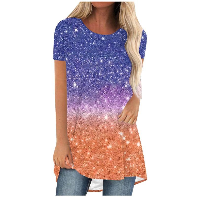 Womens Casual Short Sleeve T-Shirt With Starry Sky Digital Print Loose Fit Long Length Top 2025