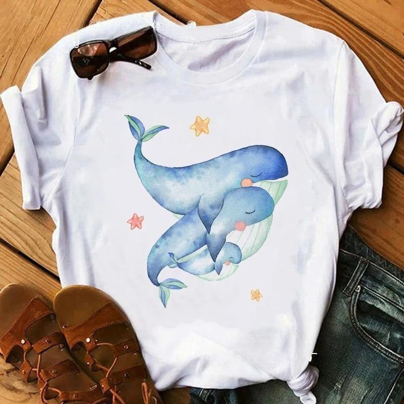 Wen Whale Printed Short Sleeved Tshirt White Watercolor Painting Faith Casual Versatile Neutral Top Home Casual Clothing