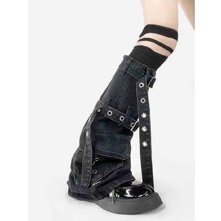 Punk Leg Warmer with Buckled Pockets Harajuku Denims Knee Highs Flared Stockings