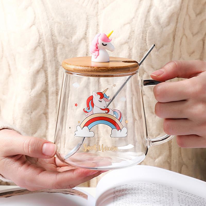 Glass Cup with Lid Spoon Cartoon Unicorn Relief Cute Borosilicate High Temperature Resistant Water Cup Set