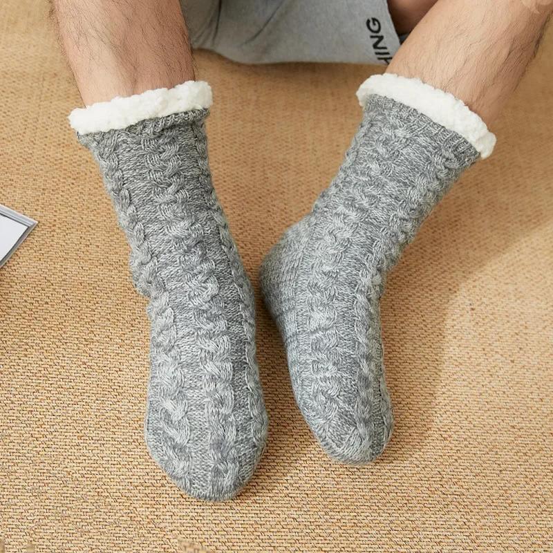 Winter Woolen Floor Slippers Socks Men Warm Plush Knitted Sock Cozy Non-Slip Thicken Home Socks Skarpetki Męskie