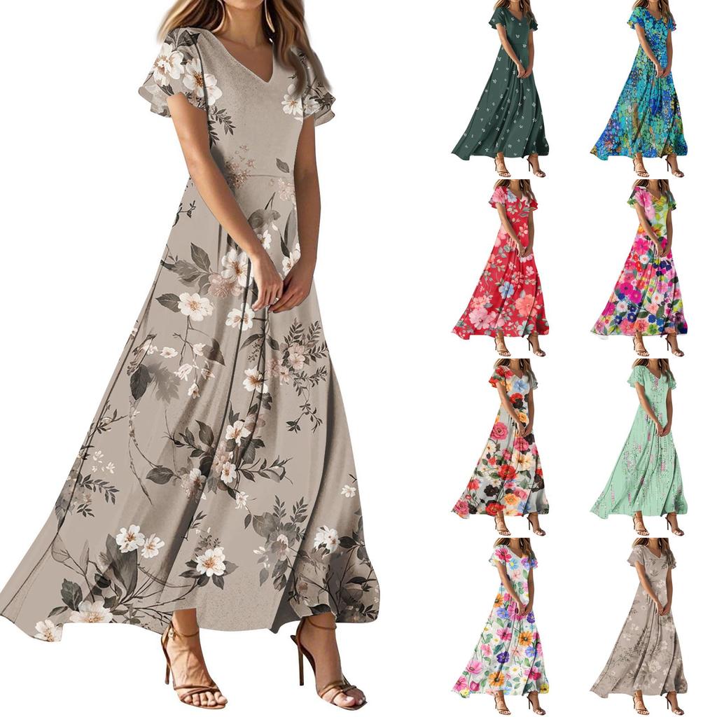 Women Casual Floral Print Maxi Dress V Neck Short Sleeve Lightweight Long Dress with Flowing Skirt for Everyday Wear
