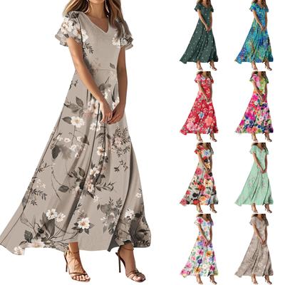 Women Casual Floral Print Maxi Dress V Neck Short Sleeve Lightweight Long Dress with Flowing Skirt for Everyday Wear