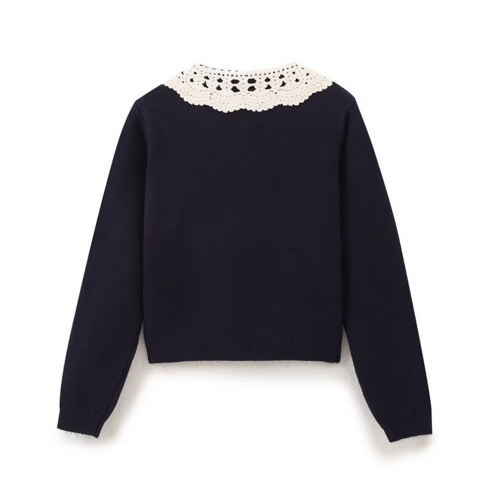 Autumn European & American Women's Color Block Crochet Collar Knit Sweater & Skirt Set