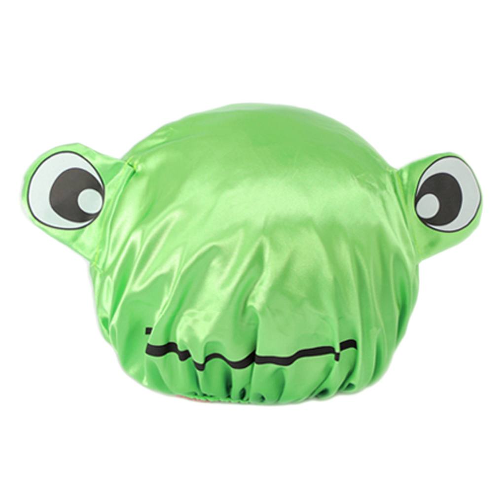 

Kids Shower Bath Cap Double Layer Waterproof Elasticated Band Shower Hat green smiling frog