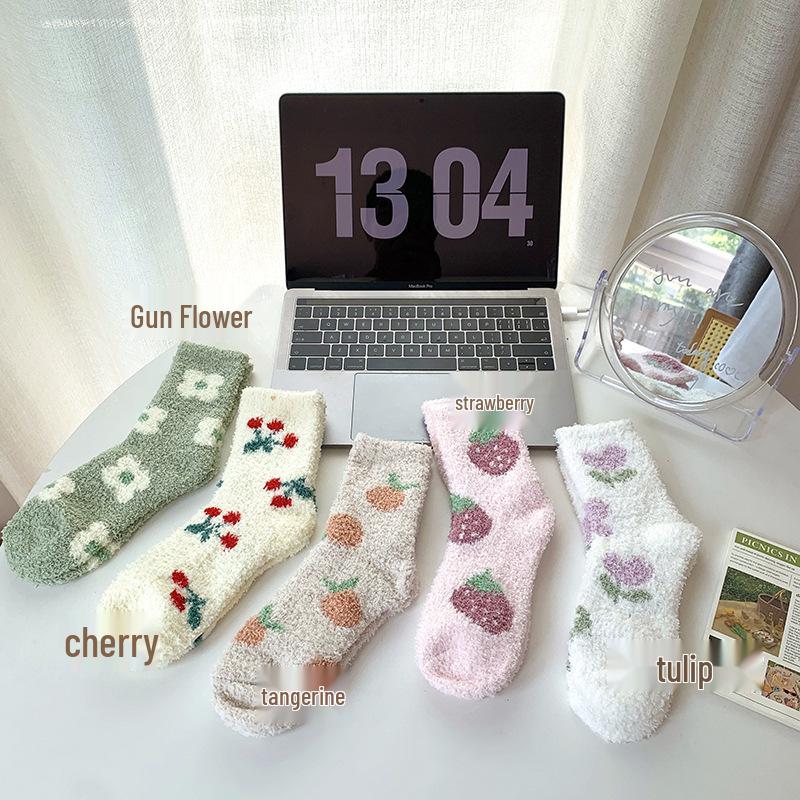 Women s Cute Cherry Fluffy Mid-Calf Winter Socks Gardenia