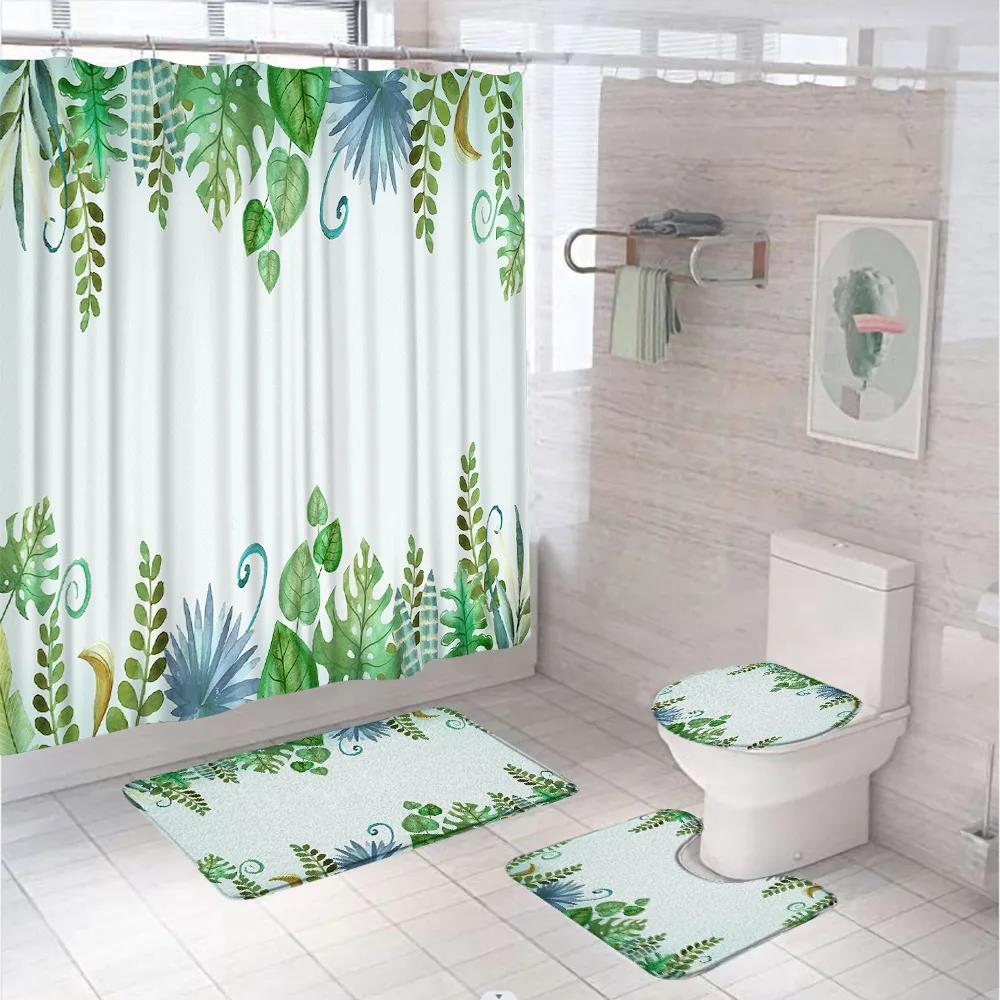 Green Gold Leaves Shower Curtain Set Summer Tropical Plant Bath Screen Bathroom Mat Non Slip U-Shape Rug Carpet Lid Toilet Cover