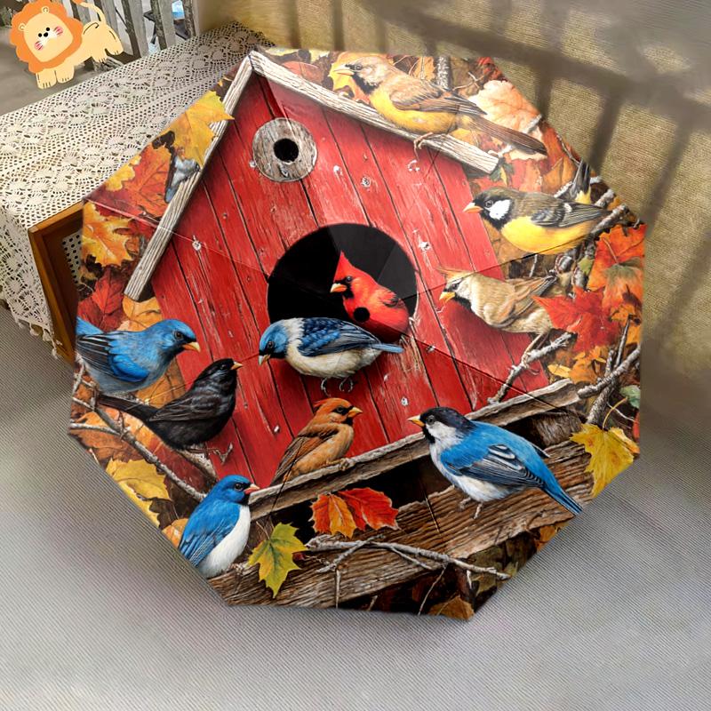1 PC Automatic Folding Umbrella - Autumn Birdhouse Birds Pattern, Portable & Foldable Design with 8 Ribs, Christmas Birthday Gifts