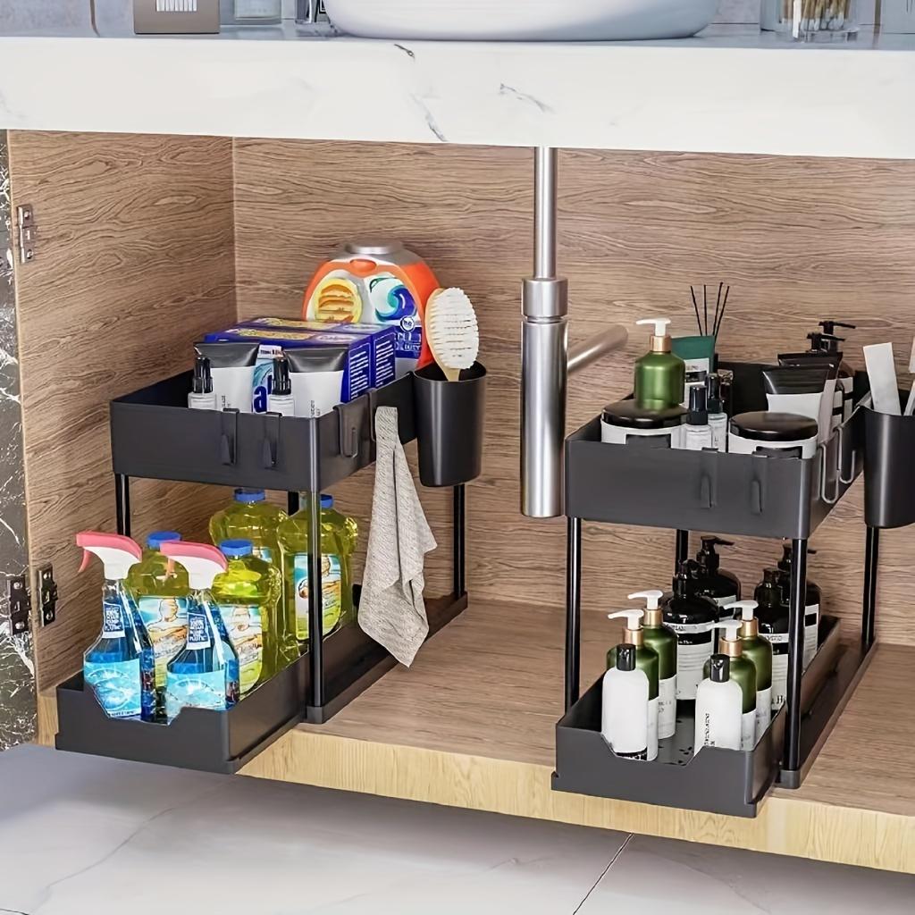 2-Tier Sliding Under Sink Organizer with Metal Frame-Plastic Storage Basket for Kitchen Spices, Cosmetics & Accessories