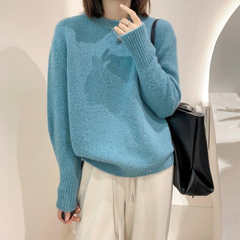 Solid Color Soft Waxy Round Neck Pullover Sweater Women's Autumn and Winter New Niche Bright Silk Bottomed Knitted Sweater Top